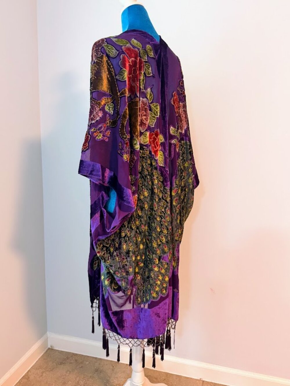 Purple Peacock Embroidered Kimono Duster Fringe Boho - Picture 11 of 11